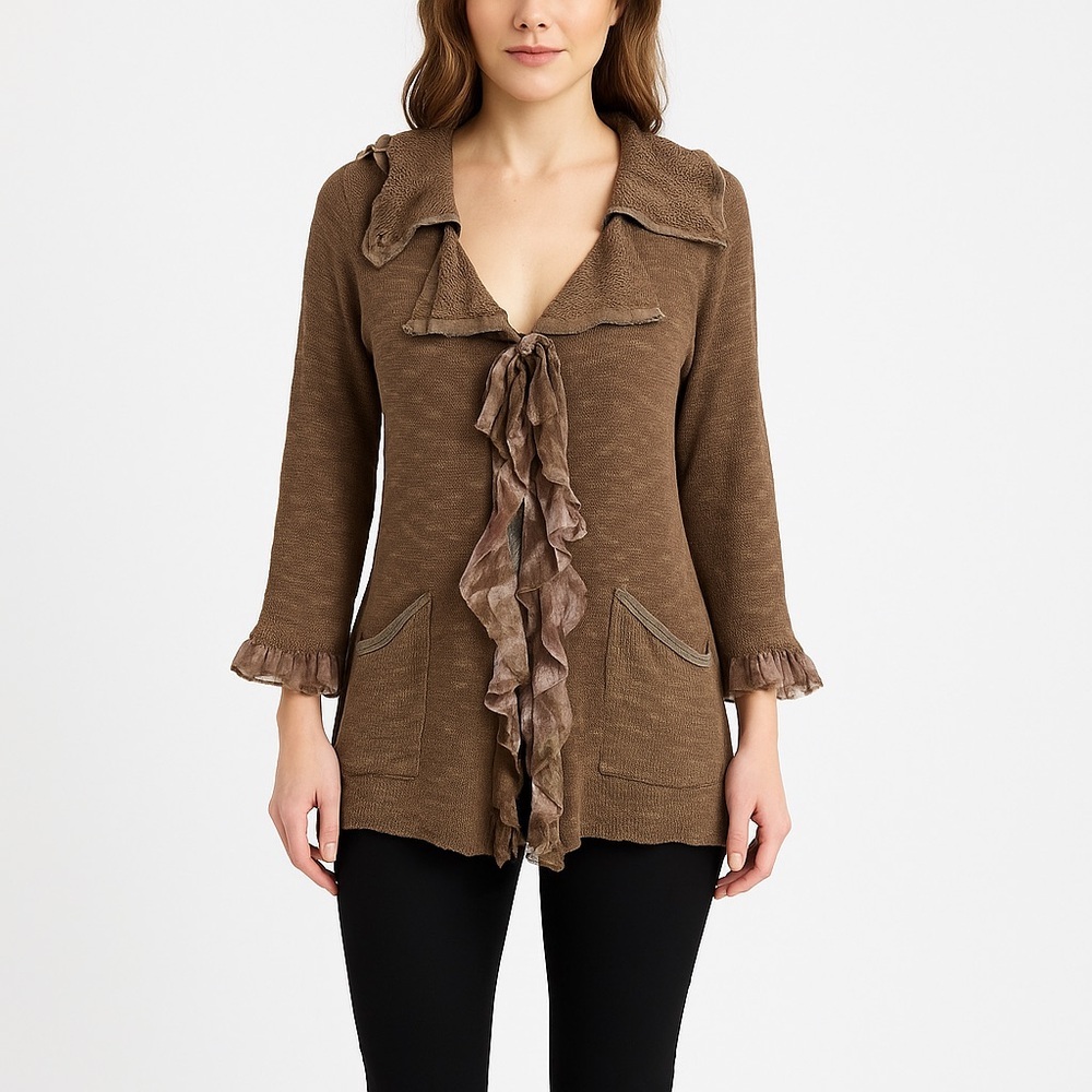 Puli knit cardigan bohemian woven sheer embellishments tan beige pink pockets ML